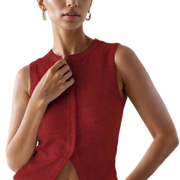 Tops - Women’s Ribbed Button Down Tank Top Summer Sleeveless Crop Casual Trendy